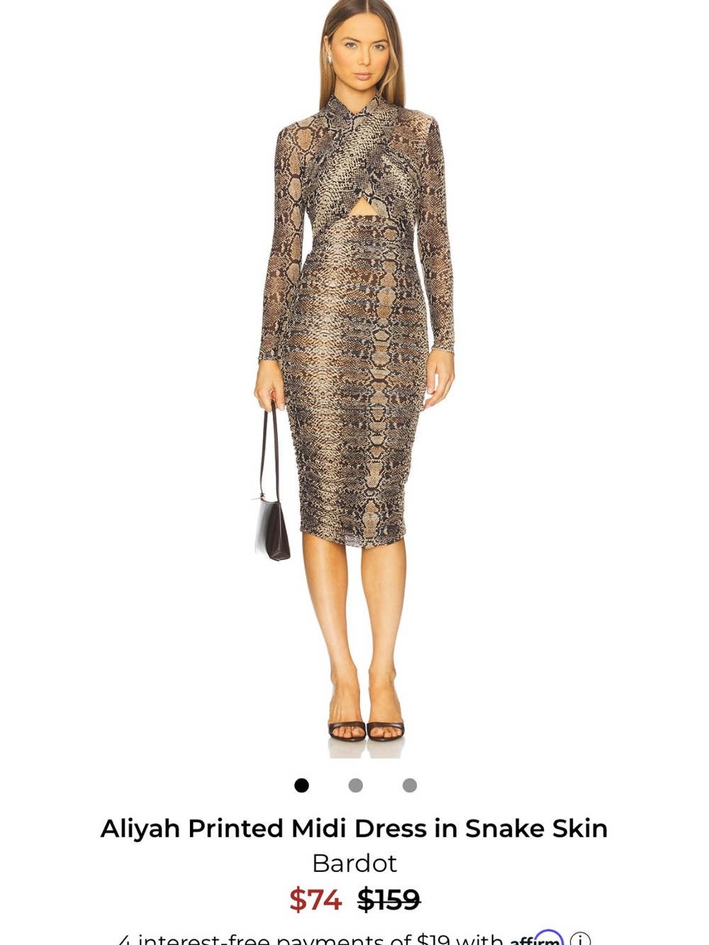 Bardot Brown Snake-Print Long Sleeve Ruched Dress